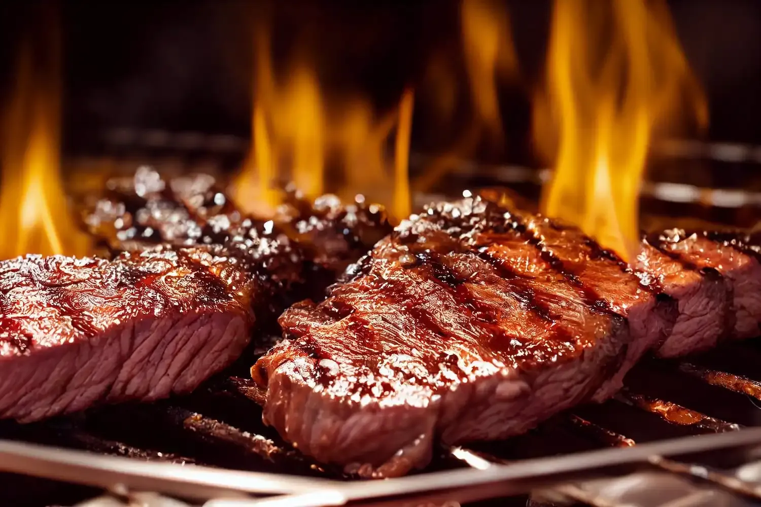 Steaks on grill fire